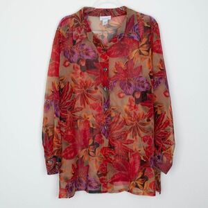 Avenue Womens Sheer Floral Button Up Long Sleeve Blouse Top Size 22/24 Artsy